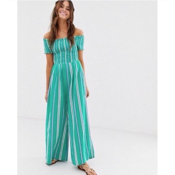 Cleobella Jade Jumpsuit Teal Navy White Striped Off the Shoulder Wide Leg Small - Picture 1 of 13